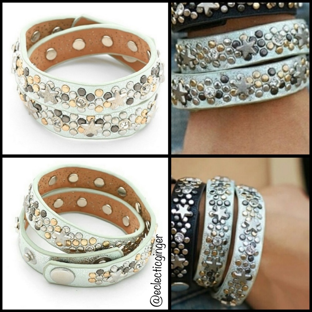 MINT GREEN leather star studded wrap snap bracelet